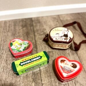 Double mint, M&M, Hersheys Kisses, Tootsie Roll Tins